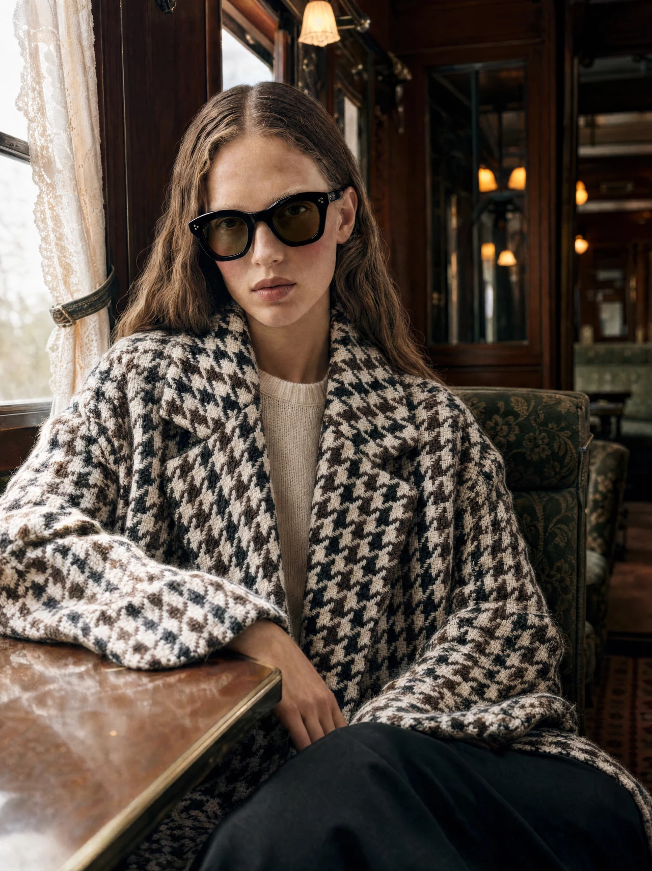 Portrait en lunettes et manteau pied-de-poule dans le train