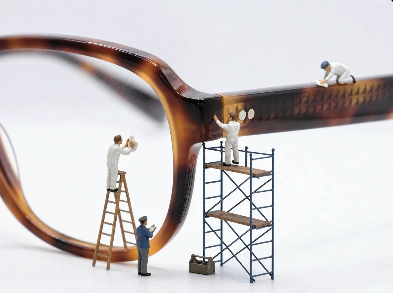Artisans miniatures sur la branche d’une monture écaille