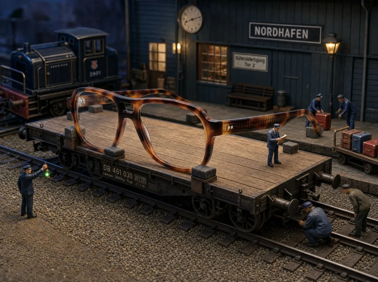 Monture géante transportée sur un train miniature
