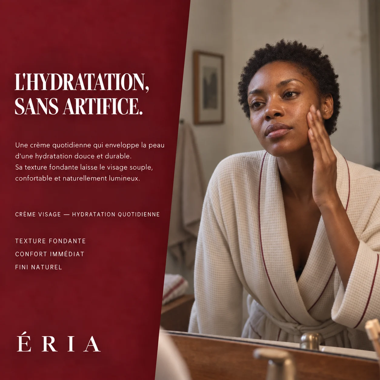 Campagne de crème visage avec femme devant son miroir