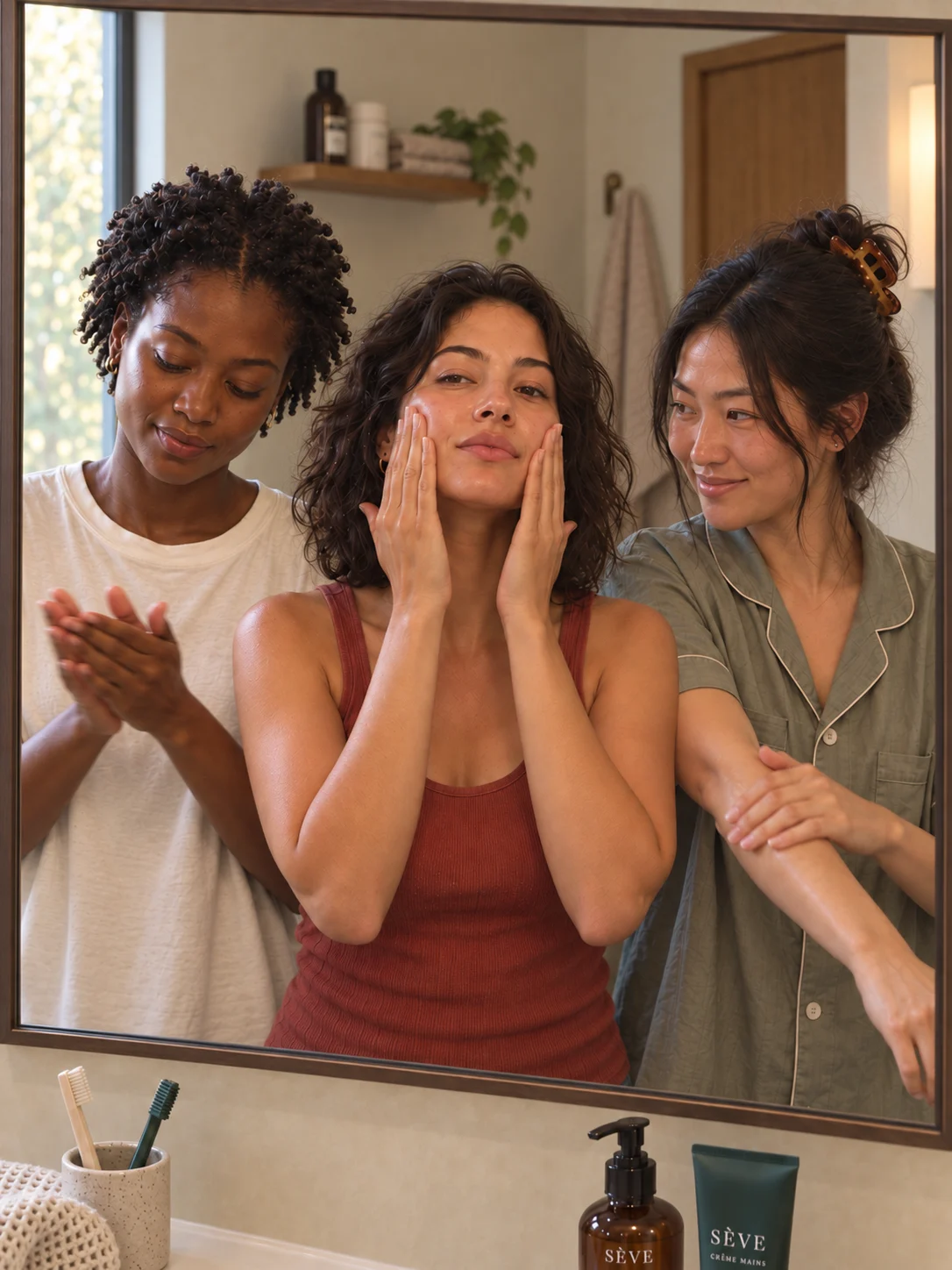 Trois femmes réalisent ensemble leur routine de soin devant un miroir