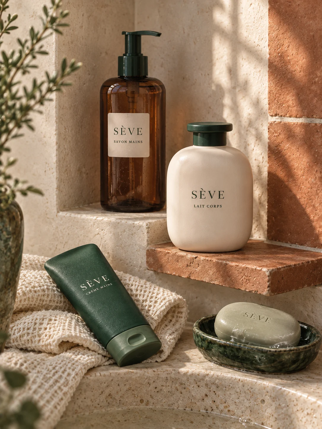 Gamme de soins dans une salle de bain en pierre et terre cuite