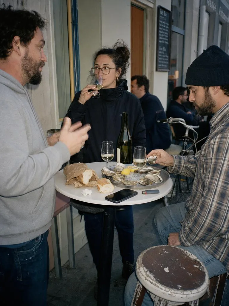 Clients debout autour d'un plateau d'huîtres dans un bar