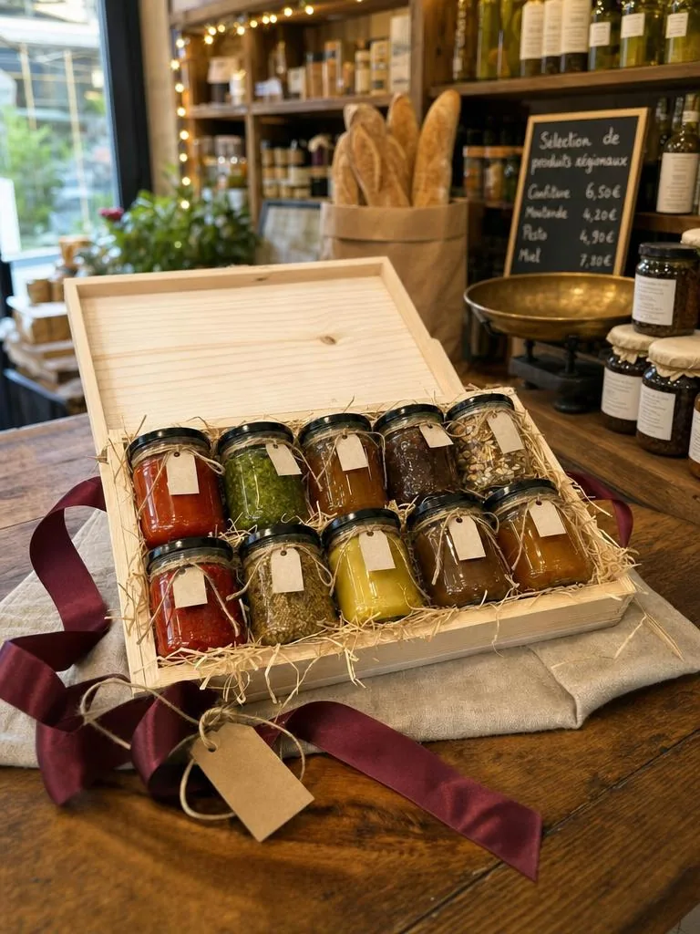 Coffret bois de dix pots de confitures en épicerie fine