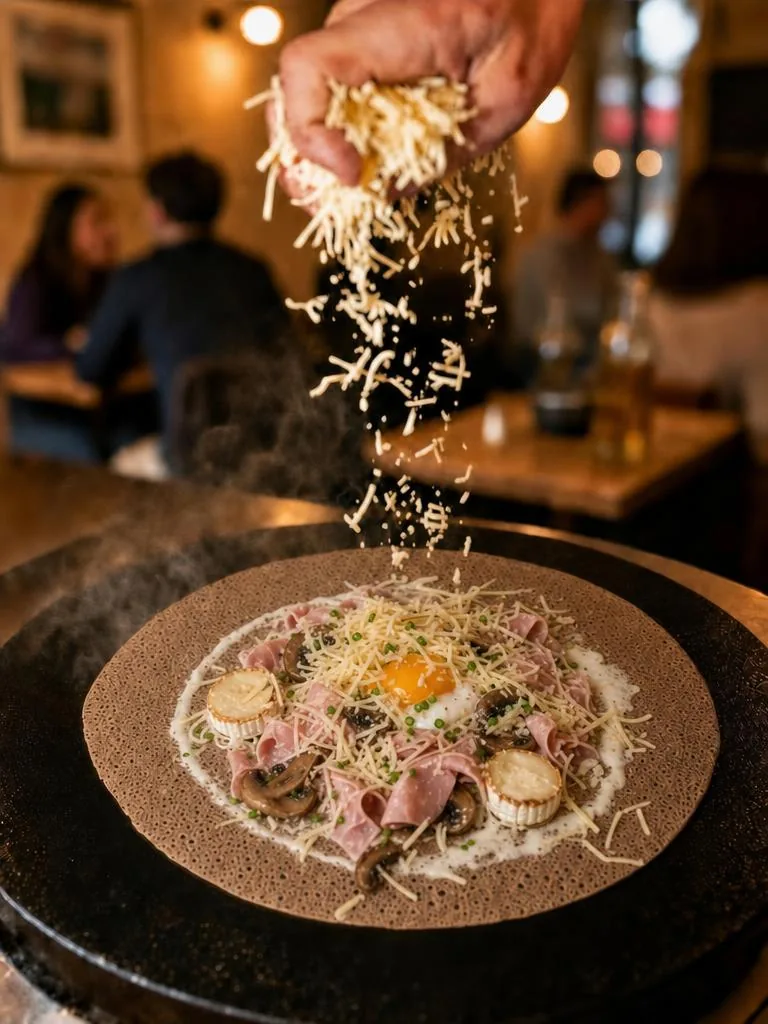 Galette de sarrasin, fromage râpé versé à la main
