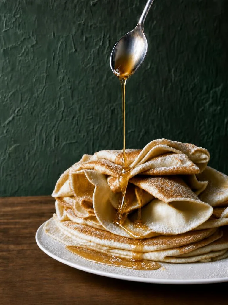 Pile de crêpes nappées de sirop à la cuillère
