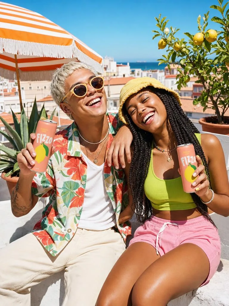 Deux amis en terrasse avec des canettes de limonade