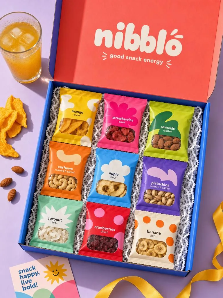 Coffret Nibblo ouvert, neuf sachets de snacks colorés