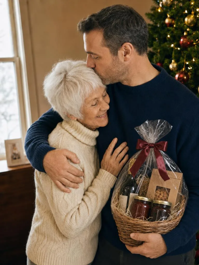 Panier garni offert devant un sapin de Noël