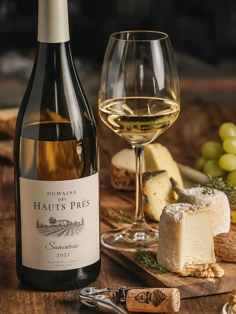 Bouteille de Sancerre, verre et plateau de fromages