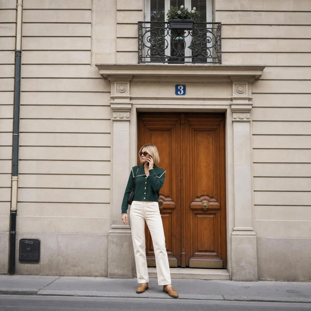 Cardigan vert sapin devant une porte cochère parisienne