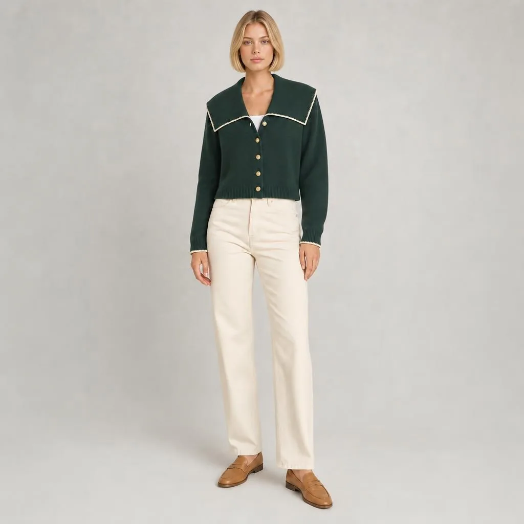 Le même cardigan vert, pantalon écru, en studio