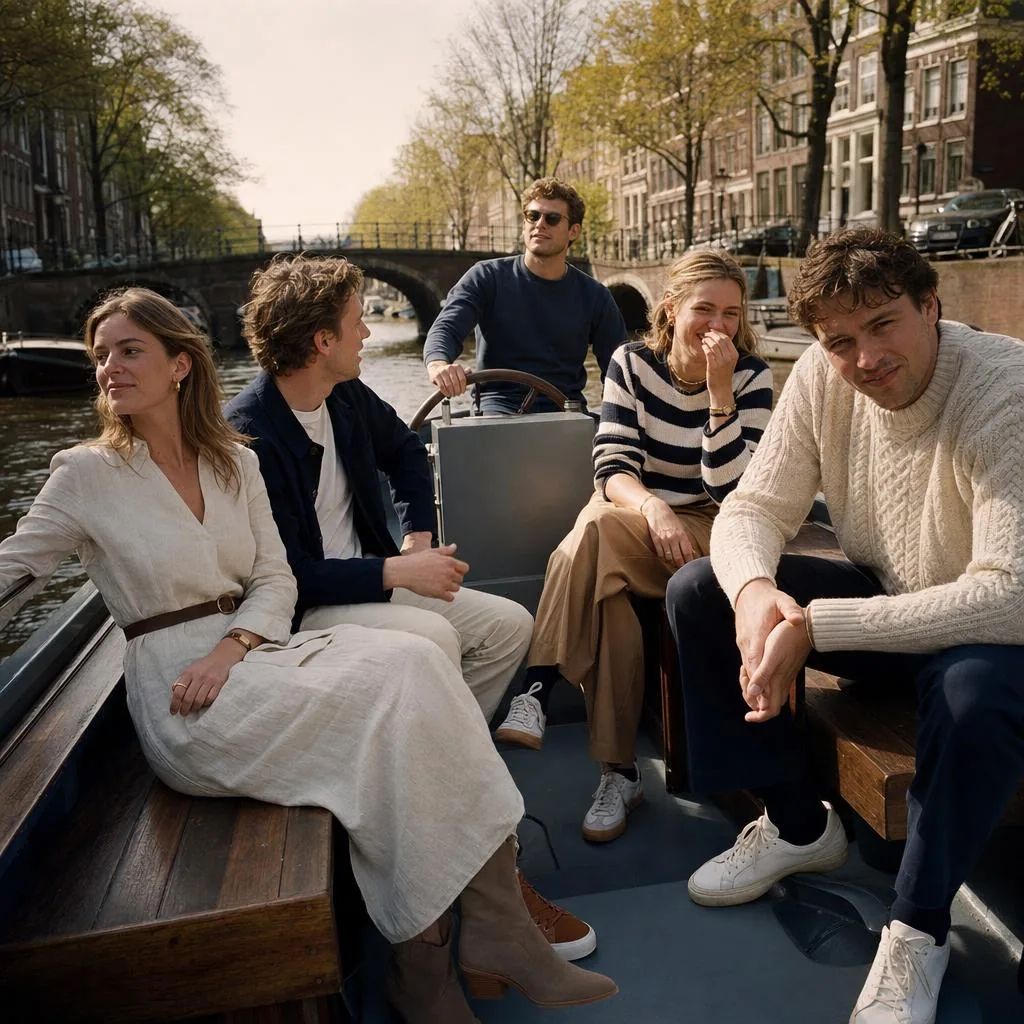 Groupe en maille marine et écru sur un bateau à Amsterdam