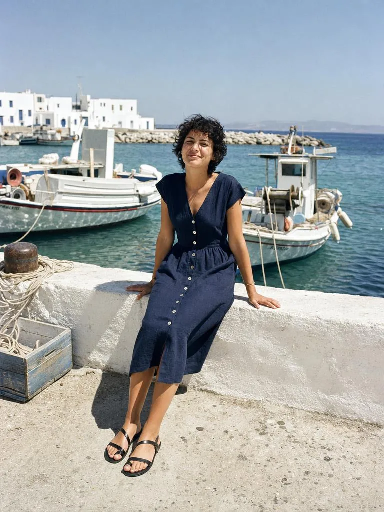 Robe bleu marine boutonnée, assise sur un muret face au port