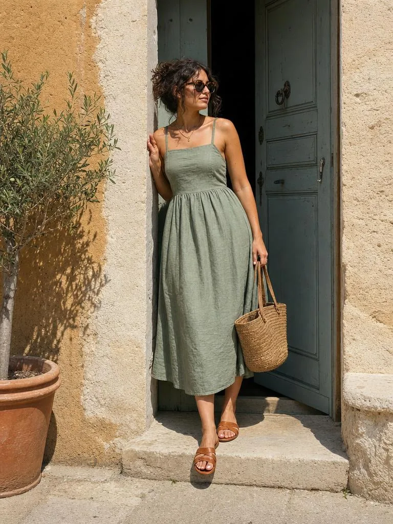 Robe verte en lin, panier en osier, devant une porte bleue
