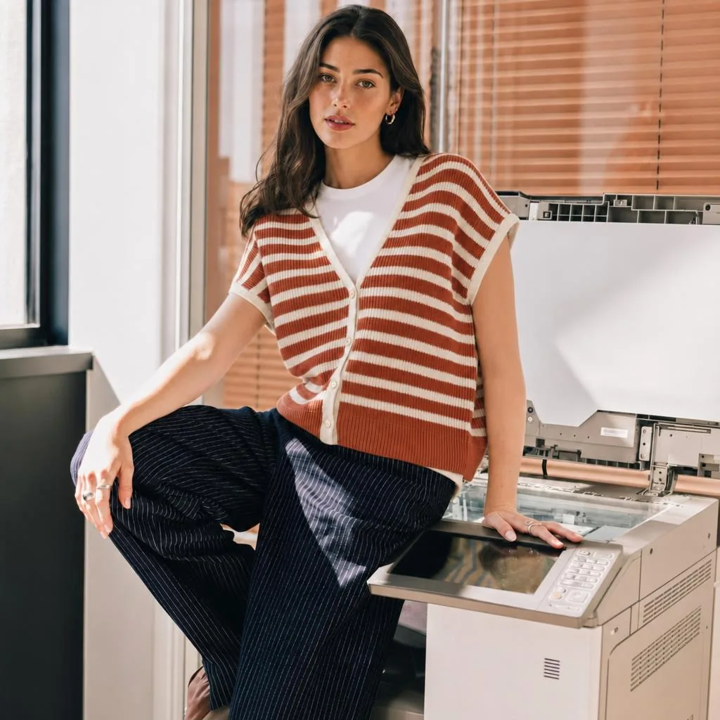 Gilet rayé rouille, porté au bureau près d'une photocopieuse
