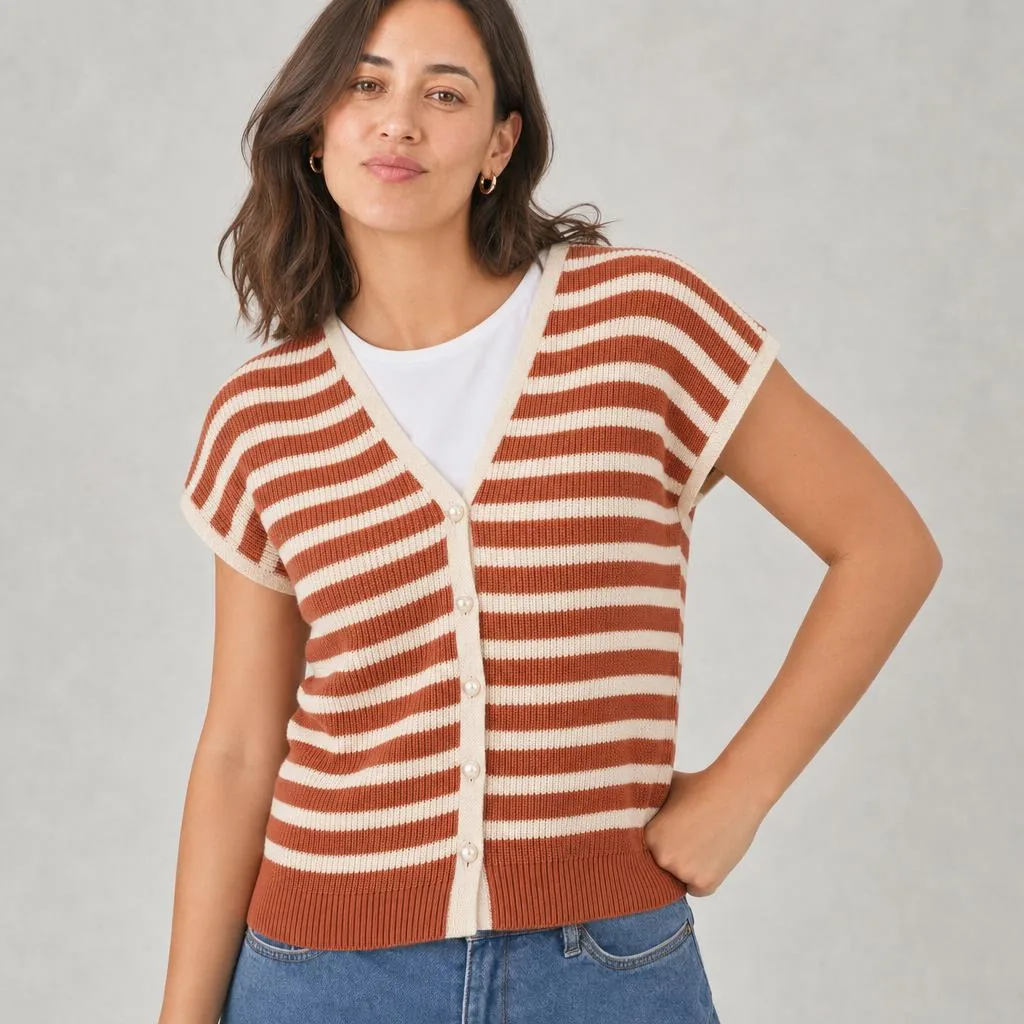 Gilet rayé rouille, plan serré sur la maille