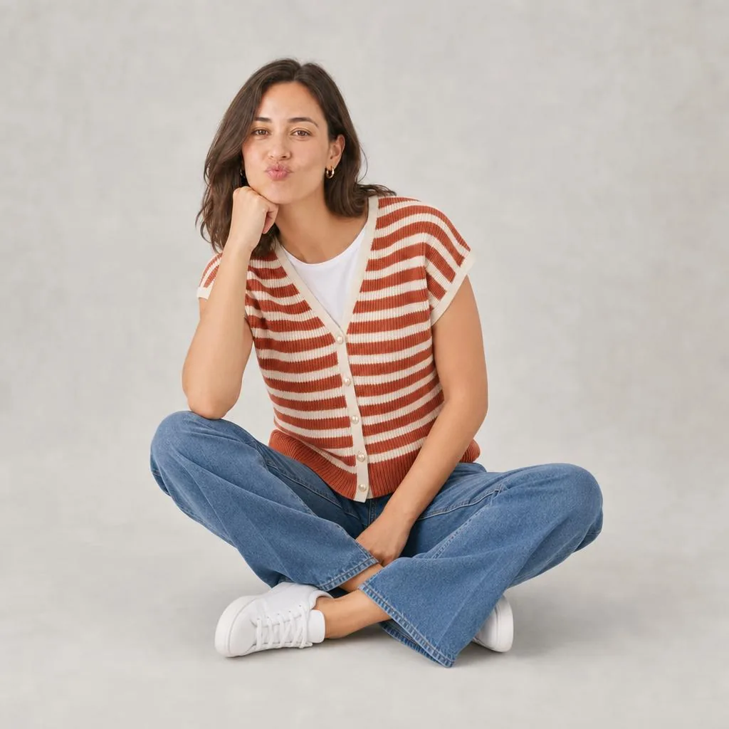 Le même gilet rayé, assise en studio sur fond neutre