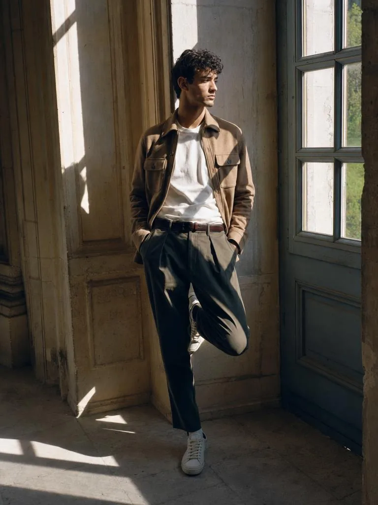 Veste en daim et pantalon noir près d'une fenêtre