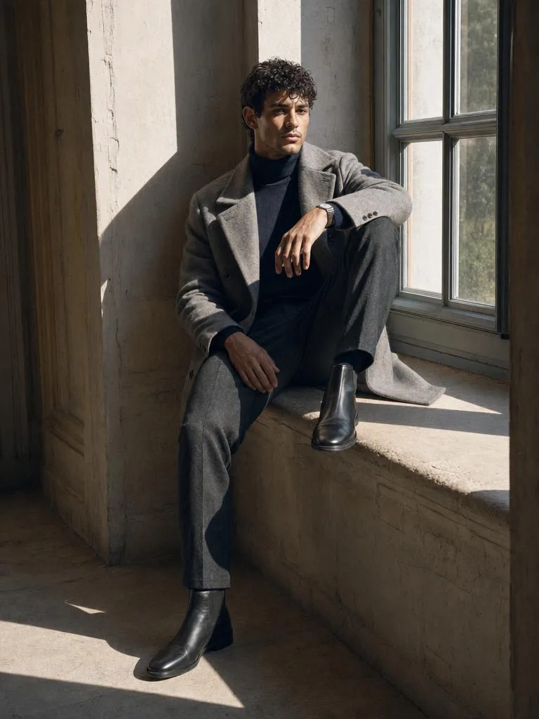 Manteau gris chiné, assis sur un rebord de fenêtre
