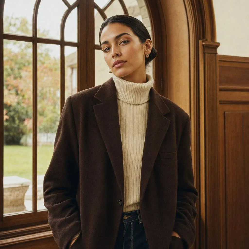 Manteau brun et col roulé écru devant une fenêtre