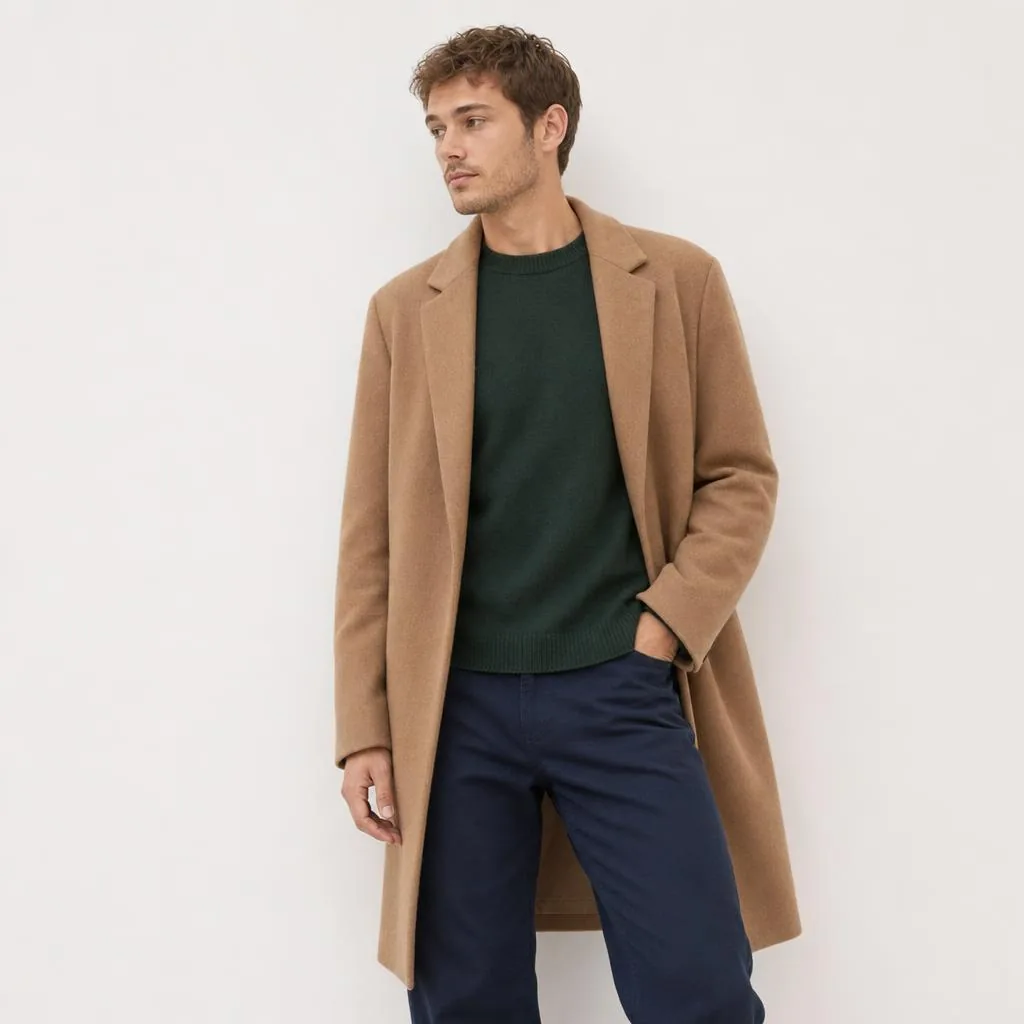Manteau camel et pull vert en studio