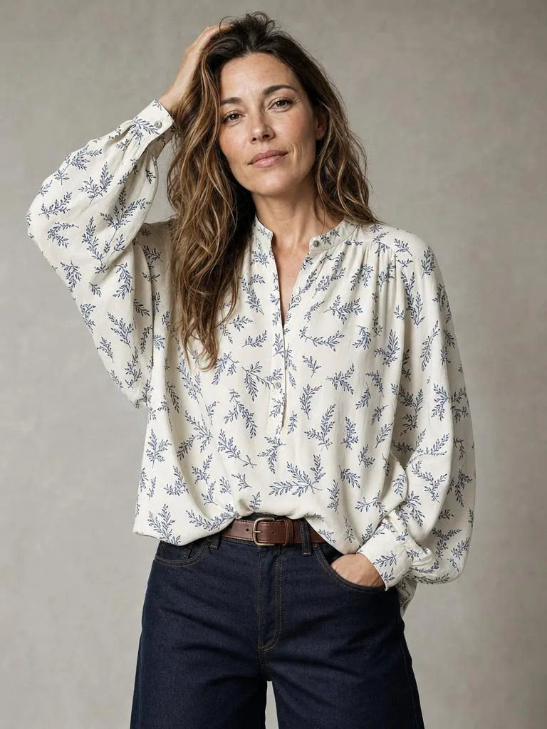 Blouse imprimée et jean brut, fond neutre