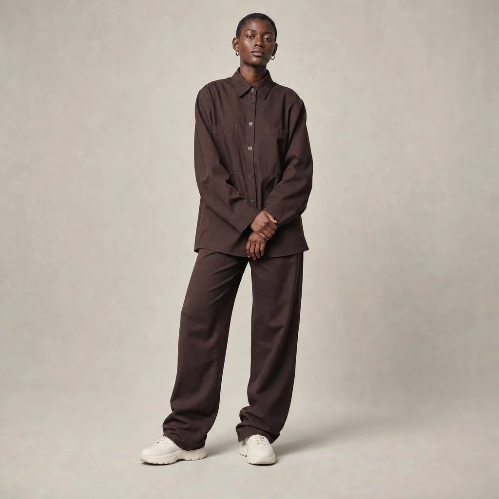 Ensemble surchemise et pantalon bruns, fond neutre