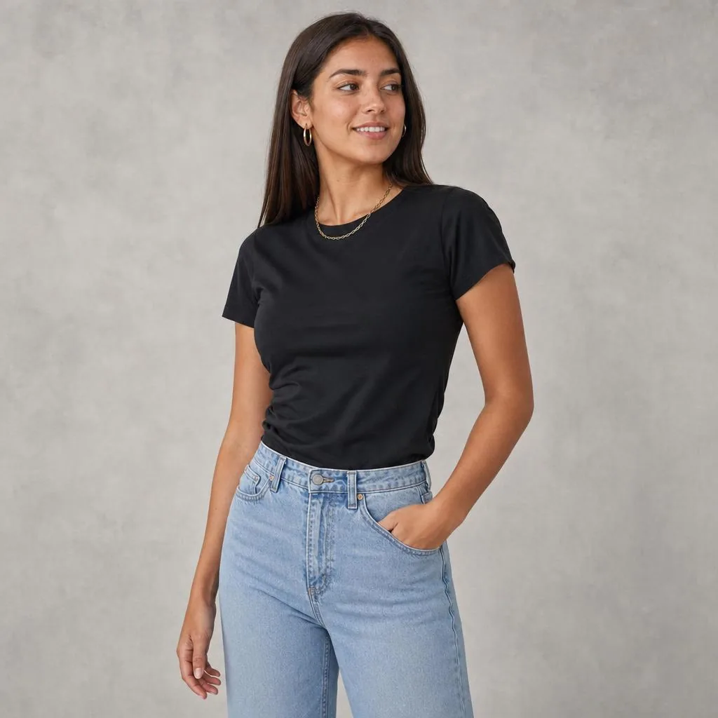 T-shirt noir et jean clair, fond neutre