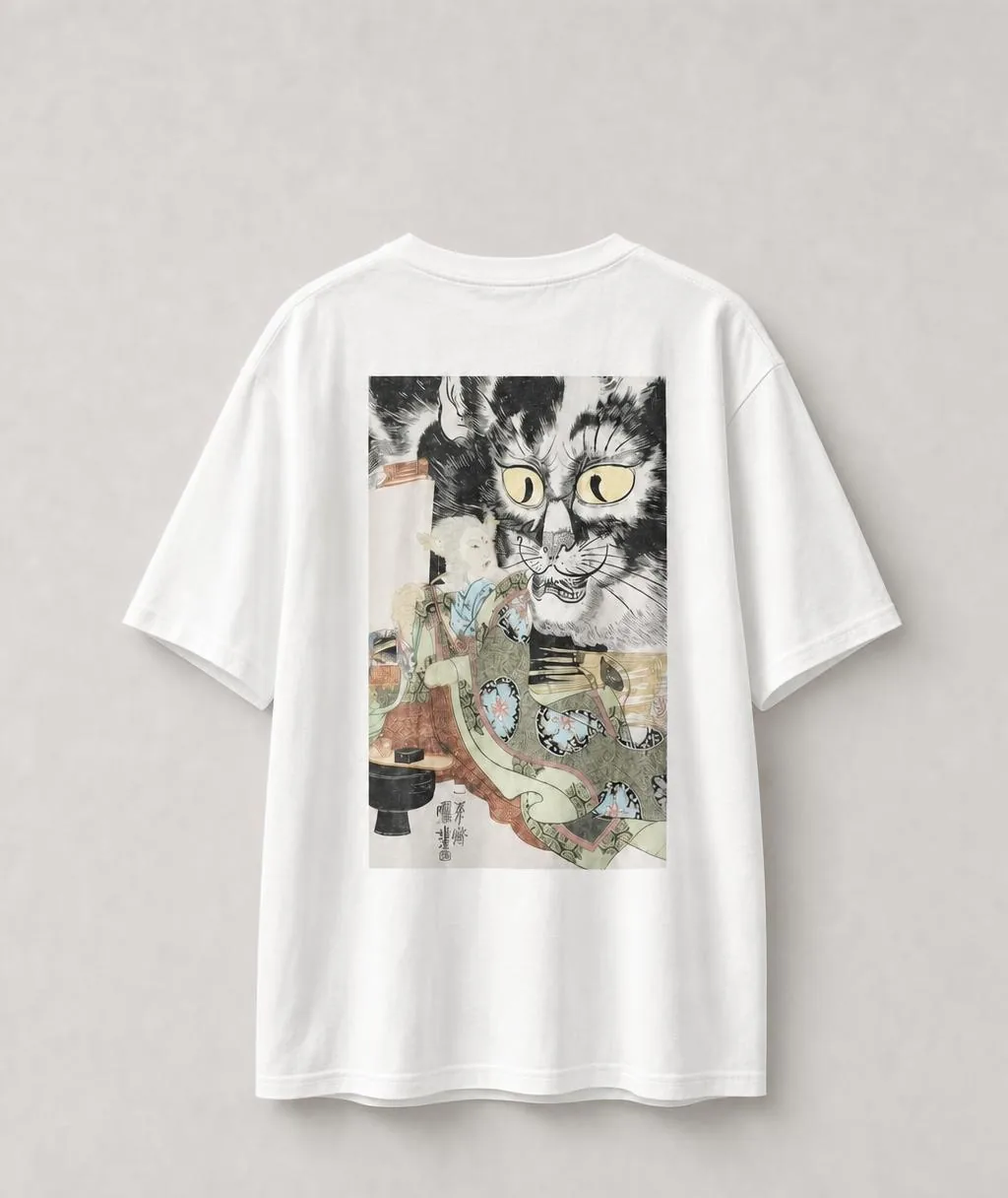 T-shirt blanc, packshot dos avec imprimé chat