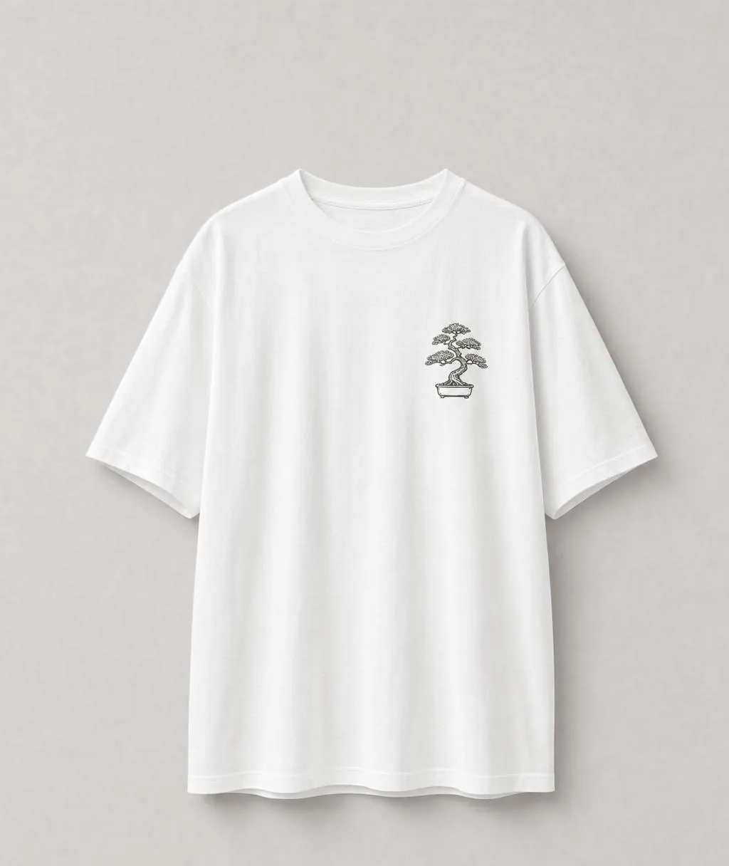 T-shirt blanc brodé bonsaï, packshot face