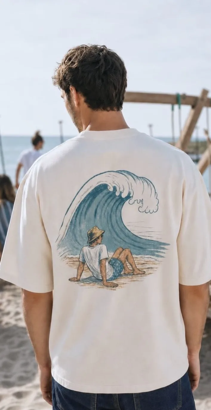 T-shirt écru imprimé vague, vu de dos sur la plage