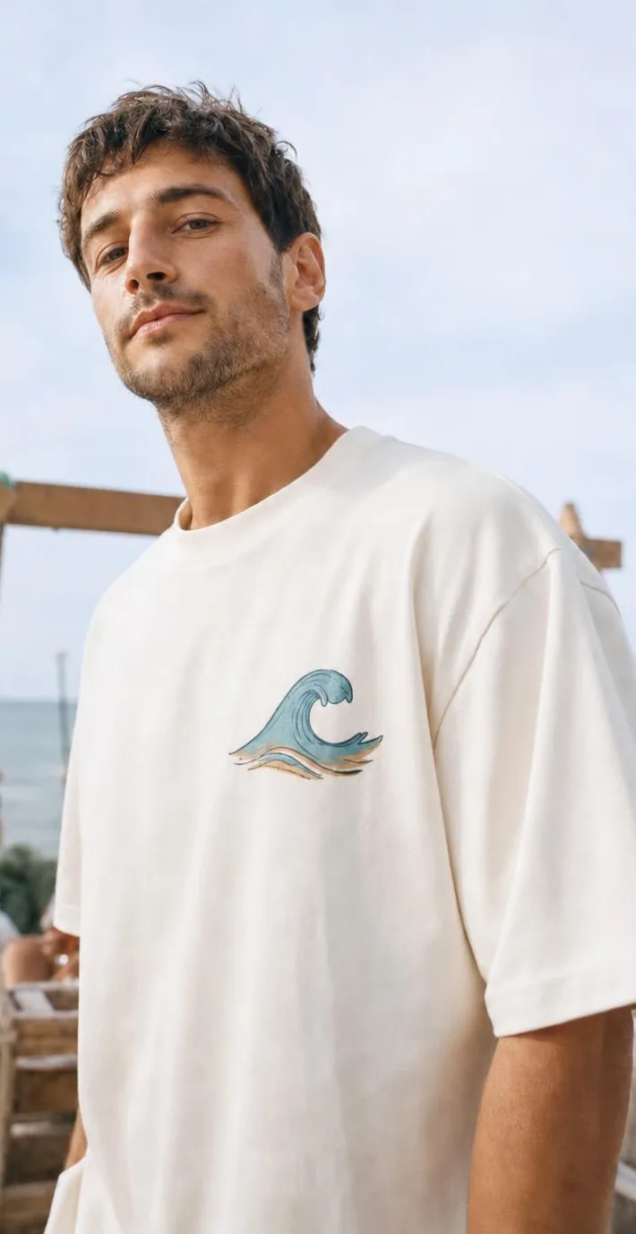 T-shirt écru imprimé vague, porté face